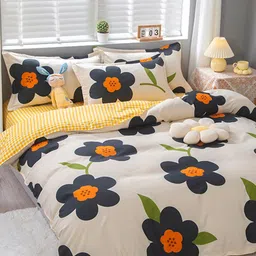 JC HOME White & Yellow Printed Double Queen Bedding Set-45