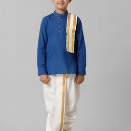 Ramraj Boys Woven Design Mandarin Collar Straight Kurta with Dhoti Pants & Angavastram-54