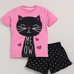 Lazy Shark Girls Pink & Black Printed T-shirt with Shorts Clothing Set-88