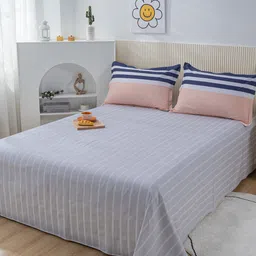 JC HOME Grey  Blue Striped Pure Cotton Bedding Set-picture-37