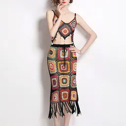 JC Collection Self Design Shoulder Straps Crop Top with Skirt Co-Ords-image-41