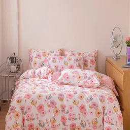 JC HOME Pink & Yellow  Floral Printed Pure Cotton  Double Queen Bedding Set-46