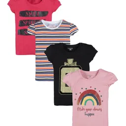 PLUM TREE Girls Pack of 4 Typography Printed Pure Cotton T-shirt-image-79