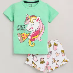 Lazy Shark Girls Green & White Printed T-shirt with Shorts-image-52