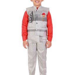 FOURFOLDS Boys Red & Grey Solid Shirt with Trousers-31