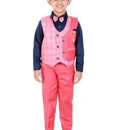FOURFOLDS Boys Pink Self Design & Navy Blue Shirt with Trousers-18
