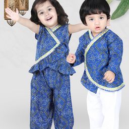 BownBee Boys Blue Ethnic Motifs Printed Cotton Full Sleeves Angrakha Kurta with Pyjamas-picture-27