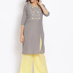 AURELIA Women Grey & Yellow Floral Embroidered Kurta with Palazzos-34