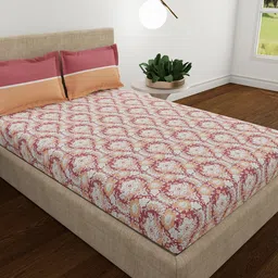 MYTRIDENT Red & White Printed 120 TC Pure Cotton Queen Bedsheet & Pillow Covers-3
