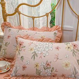 JC HOME Peach Coloured  Cream Coloured Printed Double King Bedding Set image 4