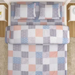 HOKIPO Grey & Peach-Coloured Checked Quilt Comforter Double King Regular Bedding Set image 4