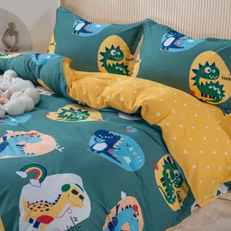 JC HOME Teal Blue & Mustard Yellow Printed Pure Cotton Bedding Set with Quilt Cover image 5