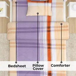 HOKIPO Grey & Peach-Coloured Checked 3 Pieces Microfiber Single Regular Bedding Set image 4