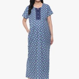 MeeMee Blue Printed Maxi Maternity Nightdress-image-51