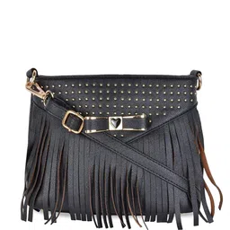 KLEIO Black Embellished PU Structured Sling Bag with Fringed-image-11