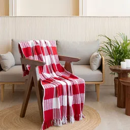 HOMEMONDE Red & White Checked 210 GSM Single Bed Throw Blanket-10