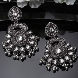 ADIVA Silver-Plated Kundan-Studded Oxidised Contemporary Drop Earrings-2