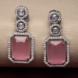 ZENEME Rhodium-Plated American Diamond Studded Geometric Shaped Drop Earrings-44