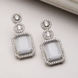ZENEME Rhodium-Plated American Diamond Studded Geometric Shaped Drop Earrings-46