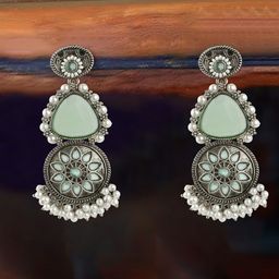 Adwitiya Collection Silver-Plated Oxidized Floral Drop Earrings-47