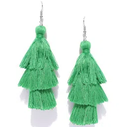 Sangria Silver-Plated & Green Tasseled Drop Earrings-image-74