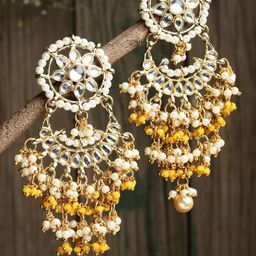 KARATCART Yellow Kundan Studded Contemporary Chandbalis Earrings-10