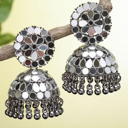 KARATCART Women Silver And Black Silver Plated Mirror Studded Jhumki Earrings-45