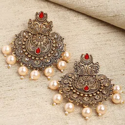 KARATCART Women Red Gold Plated Pearl & Kundan Classic Drop Earrings-16