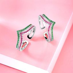 Peora Set Of 2 Silver Plated Cubic Zirconia Studded Toe Rings-image-5