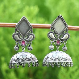 Sangria Silver Plated Artificial Stones and Beads Studded Oxidised Drop Earrings-87