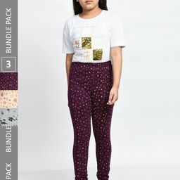 BAESD Girls Pack of 3 Printed Super Soft Pure Cotton Churidar- Length Leggings-image-90