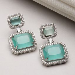 ZENEME Rhodium-Plated American Diamond Studded Square Shaped Drop Earrings-11