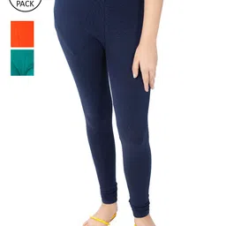 indian flower Girls Pack Of 3 Navy Blue & Orange Solid Churidar-Length Leggings-image-91