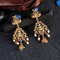 Adwitiya Collection Gold-Plated & Pink Antique Laxmi Stone-Studded Chandbalis Earrings-image-26