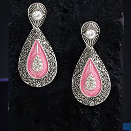 Sangria Silver-Plated Stone Studded Oxidised Drop Earrings-14