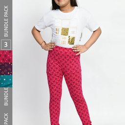 BAESD Girls Pack Of 3 Printed Pure Cotton Churidar-Length Leggings-48