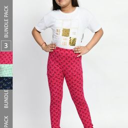 BAESD Girls Pack Of 3 Printed Pure Cotton Super Soft Churidar-Length Leggings-image-66