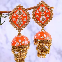 Crunchy Fashion Gold Plated Orange Dome Shaped Jhumkas Earrings-picture-16