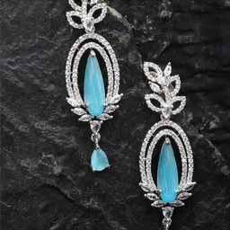 ZENEME Rhodium-Plated American Diamond Studded Drop Earrings-23