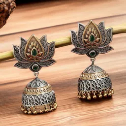 Sangria Silver-Toned Stones Studded Dome Shaped Oxidised Jhumkas-33
