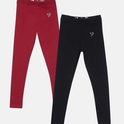 TWIN BIRDS Girls Pack Of 2 Brand Logo Printed Ankle-Length Pure Cotton Leggings-49