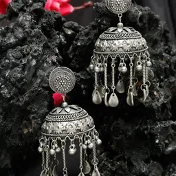 Sangria Silver-Plated Beaded Jhumka Earrings-image-38