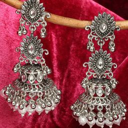 VATSALYA creation Silver-Plated Oxidised Jhumkas Earrings-image-22