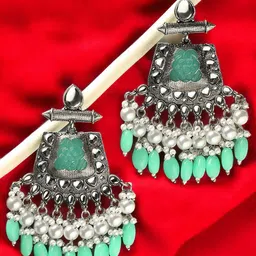 Sangria Silver-Toned Kundan Studded & Beads Beaded Contemporary Oxidised Drop Earrings-15