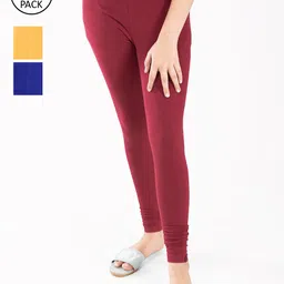indian flower Girls Pack of 3 Yellow & Maroon Solid Churidar Leggings-image-89