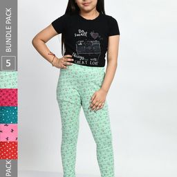BAESD Girls Pack Of 5 Allover Printed Pure Cotton Churidar-Length Leggings-image-27