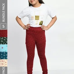 BAESD Girls Pack of 5 Printed Super Soft Pure Cotton Churidar- Length Leggings-image-93