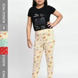 BAESD Girls Pack Of 3 Printed Pure Cotton Super Soft Churidar-Length Leggings-image-69