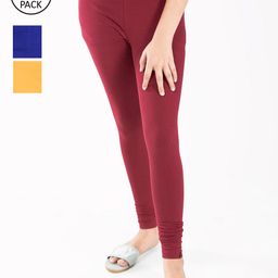 indian flower Girls Pack of 3 Maroon & Yellow Solid Cotton Leggings-11