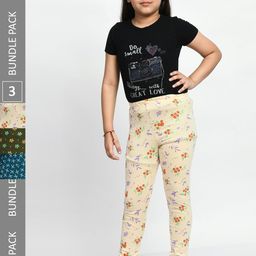 BAESD Girls Pack Of 3 Printed Pure Cotton Churidar-Length Leggings-image-120